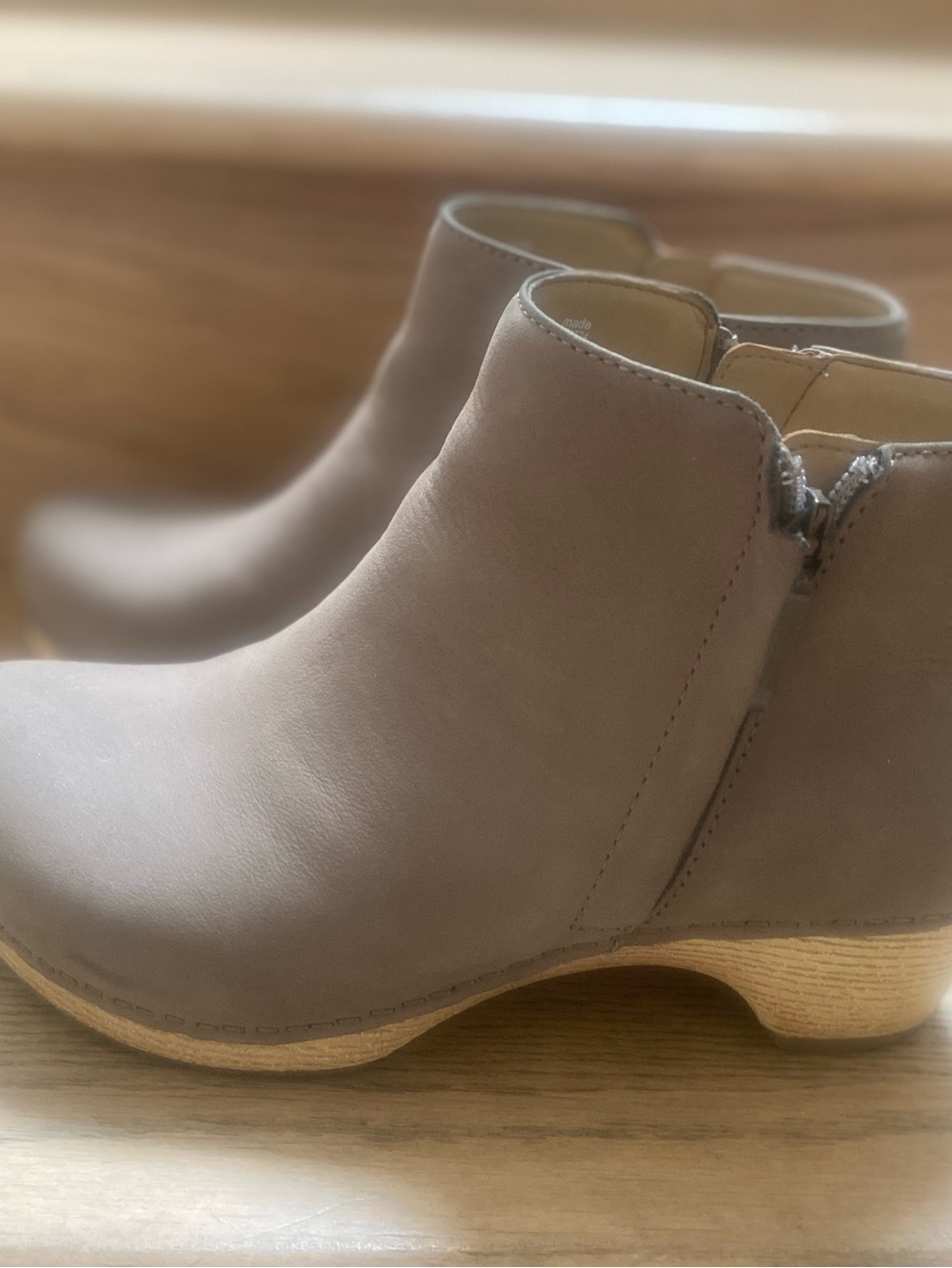 Dansko Taupe Suede Ankle Booties with Wood-Look Heel